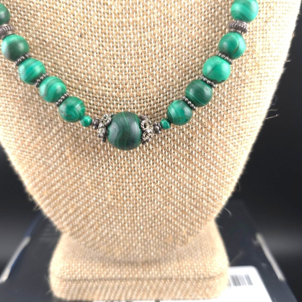 Vintage Malachite Beaded Necklace & Earrings Set Sterling Silver 19 inches - Picture 4 of 8